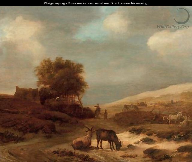 A dune landscape with goats and sheep, travellers on a track and cottages beyond - (after) Pieter De Molijn