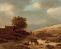 A dune landscape with goats and sheep, travellers on a track and cottages beyond - (after) Pieter De Molijn
