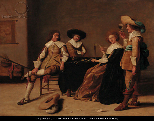 Elegant company smoking and drinking in an interior - (after) Pieter Codde
