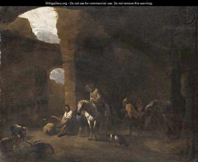 Travellers taking shelter in Roman ruins - (after) Pieter Van Laer (BAMBOCCIO)