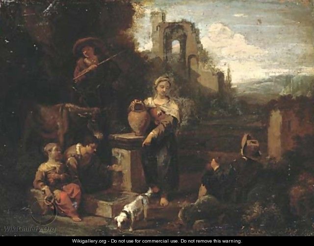 An Italianate landscape with figures resting by a well, classical ruins beyond - (after) Pieter Van Laer (BAMBOCCIO)