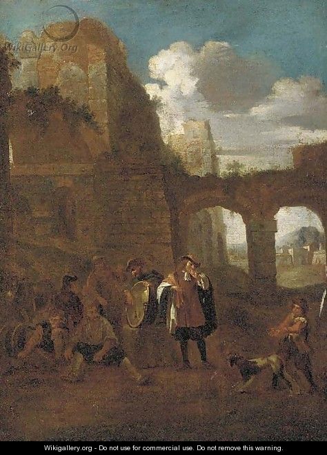 Peasants and a dog amongst classical ruins - (after) Pieter Van Laer (BAMBOCCIO)