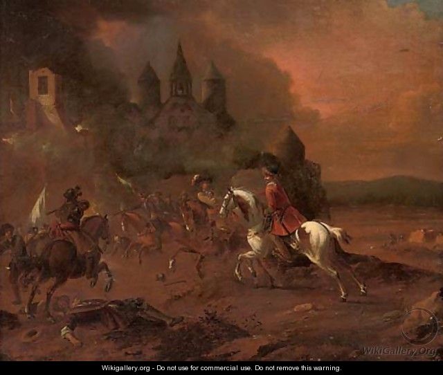 A cavalry skirmish before a town - (after) Pieter Van Bloemen