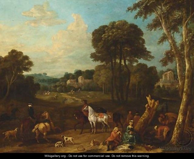 A hunting party at rest in a landscape - (after) Pieter Van Bloemen