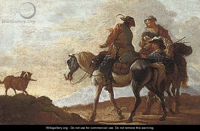 Mounted travellers with a dog on a mountain path - (after) Pieter Van Bloemen