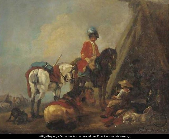 A cavalryman and a wine seller in a military encampment - (after) Pieter Van Bloemen
