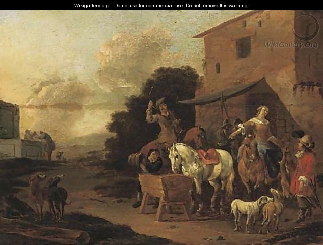 A village inn with a hunting party halting to water horses - (after) Pieter Van Bloemen
