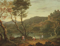 An Italianate landscape with 'boule' players on the banks of a lake, fortified towns in the distance - (after) Peter Tillemans