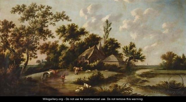 An extensive landscape with a herder, milkmaid and cattle before a farmstead - (after) Peter Tillemans