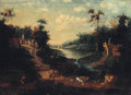 A river landscape with drovers on a track outside a village - (after) Peter Tillemans