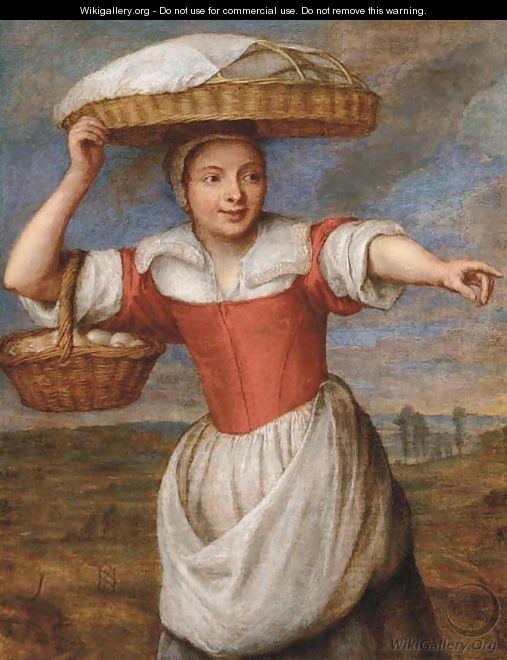 A maid carrying a basket of eggs, in a landscape - (after) Pieter Snayers
