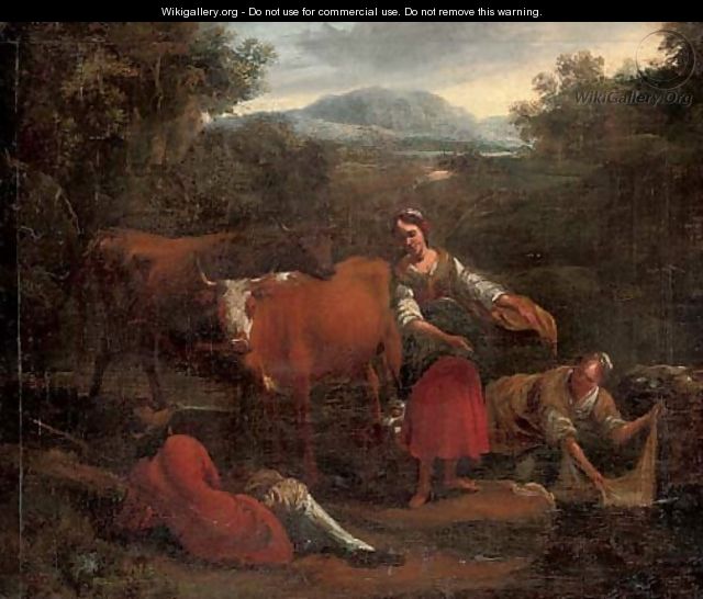 A river landscape with washerwomen conversing with a drover, his cattle beyond - (after) Michiel Carree