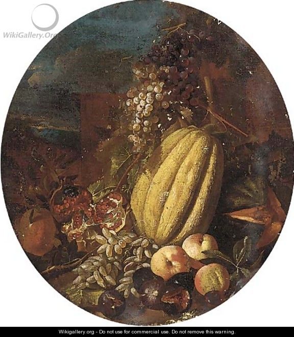Melons, pomegranates, grapes, figs and apples in a clearing - (after) Michele Pace Del (Michelangelo Di) Campidoglio