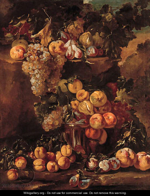 Grapes, apples, plums and figs in a glass bowl with other fruit on a ledge in a landscape - (after) Michele Pace Del (Michelangelo Di) Campidoglio