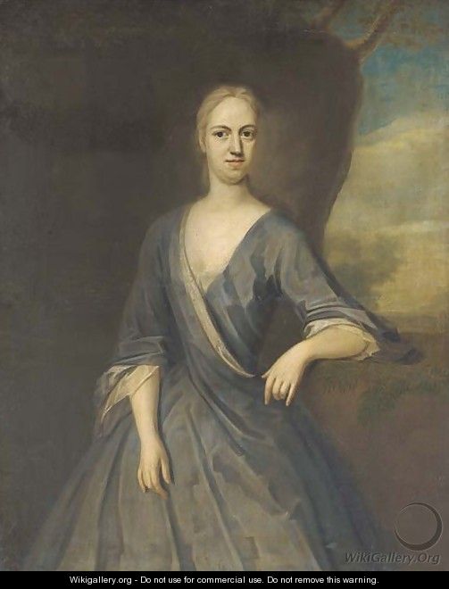 Portrait of Mary Frederick, Mrs Powell, three-quarter-length, in a blue dress, her left arm on a plinth, with a landscape beyond - (after) Dahl, Michael