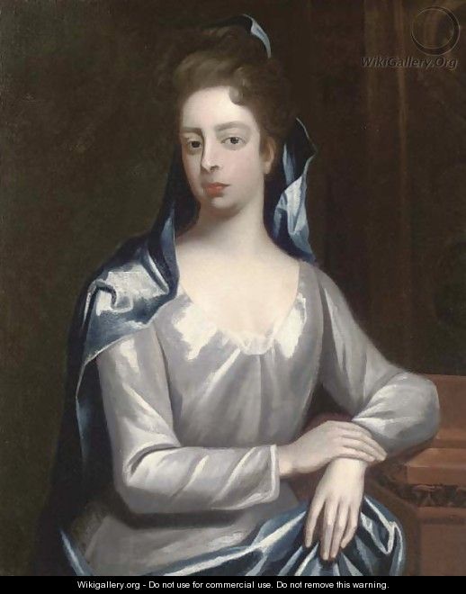Portrait of Elizabeth Hervey, Countess of Bristol (D.1741), half-length, in a white dress and blue wrap, resting her arm on a plinth - (after) Dahl, Michael
