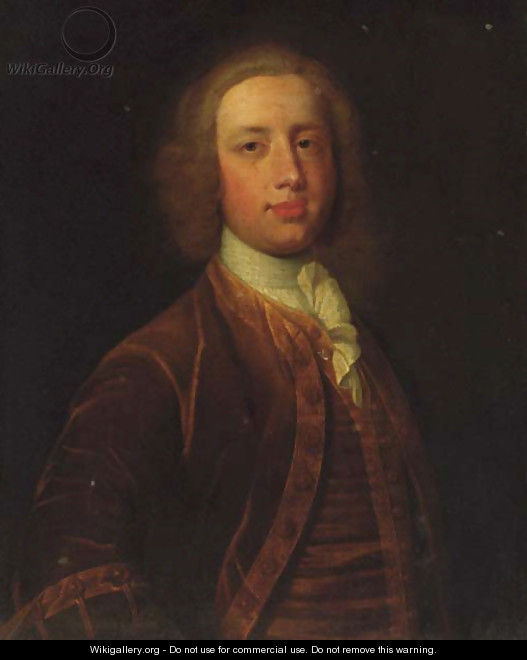 Portrait of a gentleman, half-length, in a brown coat and waistcoat and white stock - (after) Dahl, Michael