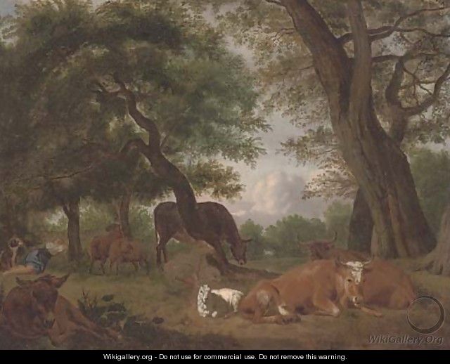 A wooded clearing with a shepherd and cattle resting - (after) Michael Carree