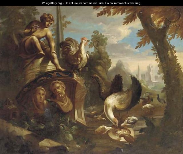 Poultry and other birds feeding amongst classical ruins - (after) Nicolo Casissa