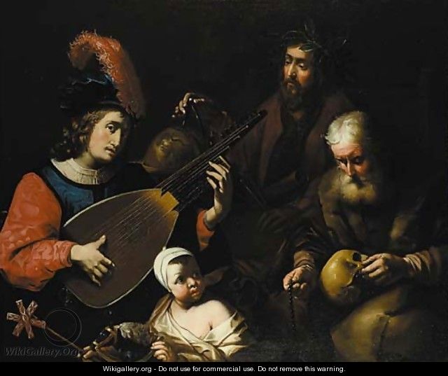 A young man playing a theorbo-lute - (after) Nicolas Tournier