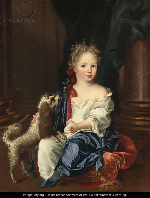 Portrait of a girl with a poodle, full-length, seated, in a white chemise and blue shawl - (after) Largilliere, Nicholas de