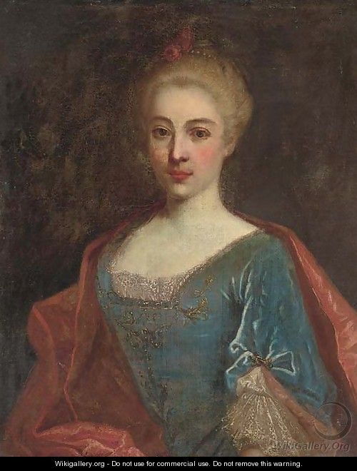 Portrait of a lady, bust-length, in a gold embroidered dress and a red mantle - (after) Nicolas De Largilliere