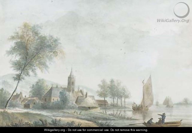 An extensive landscape with a church on the banks of a broad river - (after) Nicolaes Wicart