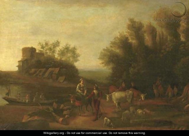 An Italianate landscape with travellers and their flocks on a path - (after) Nicolaes Berchem