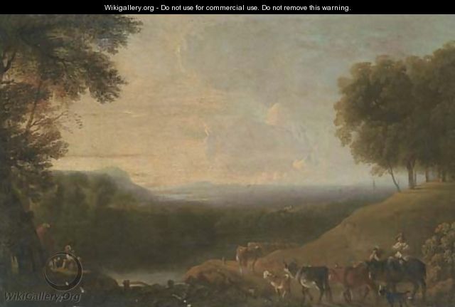 A wooded river landscape with a drover and cattle on a track - (after) Nicolaes Berchem