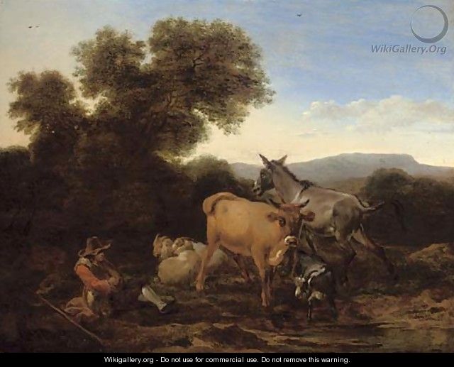 A wooded landscape with a shepherd and his flock resting - (after) Nicolaes Berchem