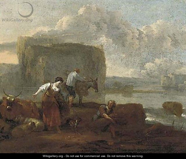 A shepherdess and farm labourers by a lake, a hilltop village beyond - (after) Nicolaes Berchem