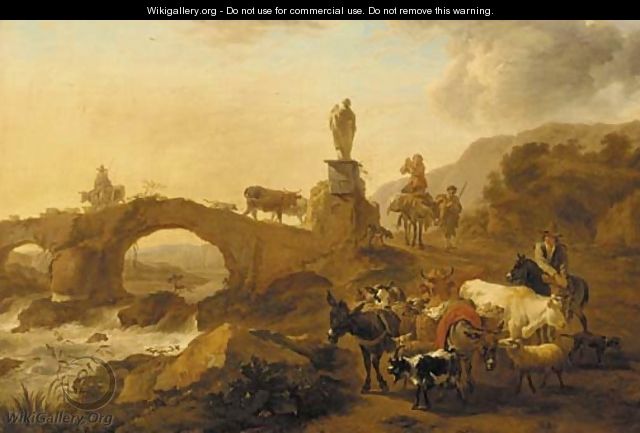 A mountainous landscape with drovers and their cattle crossing a bridge - (after) Nicolaes Berchem
