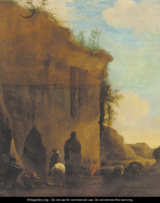 Travellers by a ruin - (after) Nicolaes Bercham