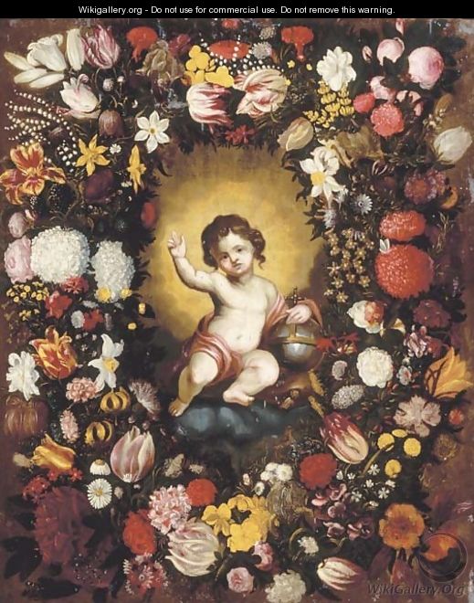 A garland of flowers surrounding an image of the Infant Christ - (after) Nicolaas Van Veerendael