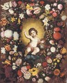A garland of flowers surrounding an image of the Infant Christ - (after) Nicolaas Van Veerendael