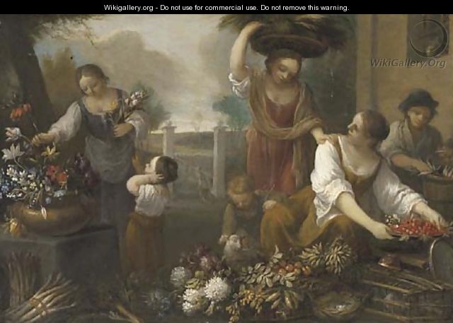 Women and children arranging flowers in the grounds of a building - (after) Nicola Cassisa