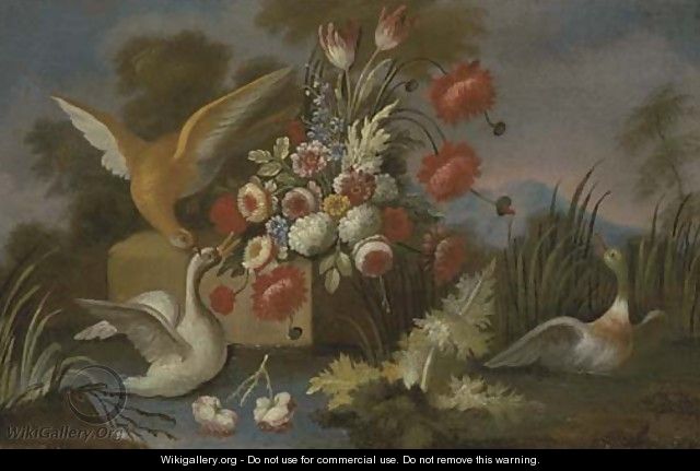 Waterfowl with roses, parrot tulips, chrysanthemums and other flowers on a ledge by a river - (after) Nicola Casissa
