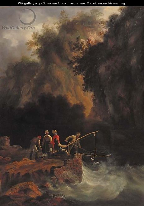 Fishermen netting fish off a rocky ledge in a mountainous wooded landscape - (after) Condy, Nicholas Matthews