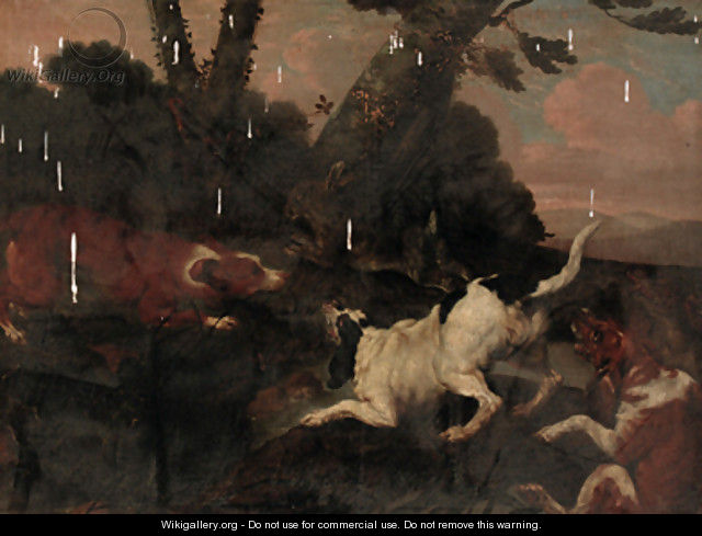 Hounds chasing a hare in a wooded landscape - (after) Paul De Vos