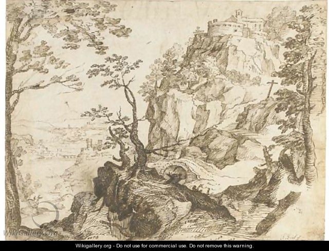 A mountain landscape with a fortified chapel - (after) Paul Bril