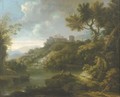 An arcadian landscape with figures resting by a lake, a town on a hilltop beyond - (after) Paolo Anesi