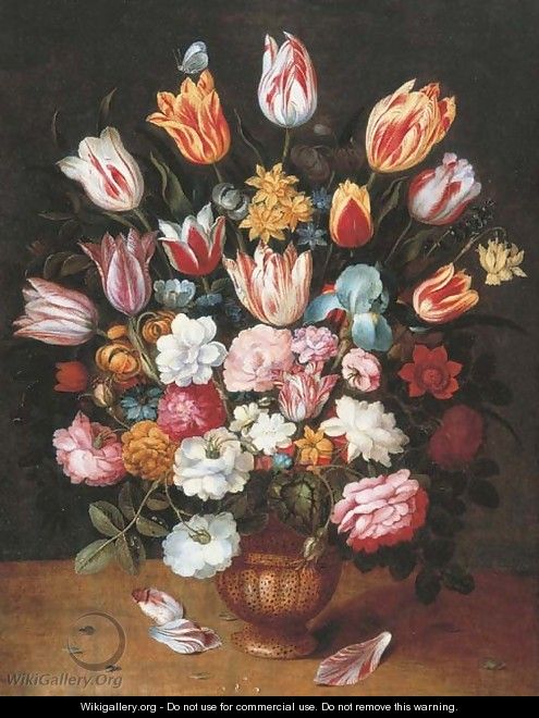 Tulips, daffodils, roses, an iris and other flowers in a pottery vase on a ledge - (after) Osias, The Younger Beert