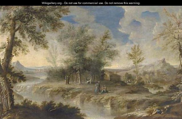A wooded river landscape with figures on the river bank - (after) Orazio Grevenbroeck