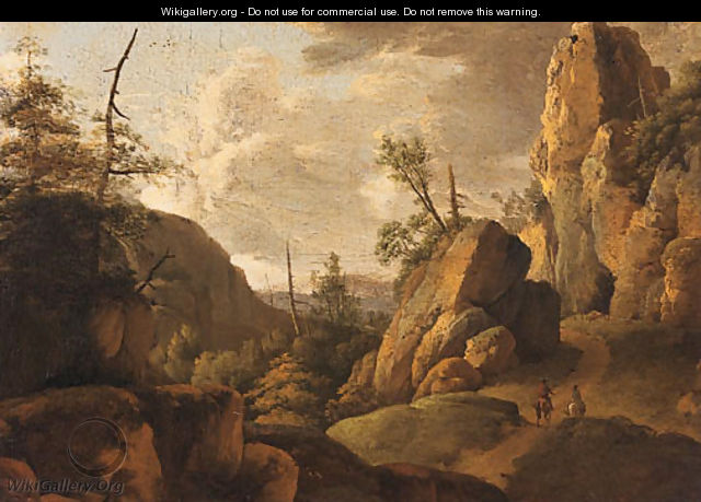 A rocky landscape with horsemen on a track - (after) Norbert Joseph Carl Grund