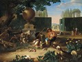 A formal garden with a hunter and his dog resting beside classical ruins, figures and dogs beyond - (after) Pieter Snyers