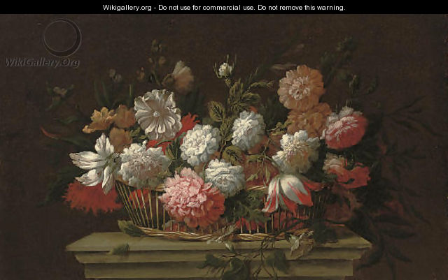 Carnations, chrysanthemums, roses, a parrot tulip and other flowers in a basket on a ledge - (after) Pieter Hardime