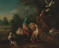 A peacock, ducks and pigeons by a pond, an ornamental lake beyond - (after) Peter Casteels III