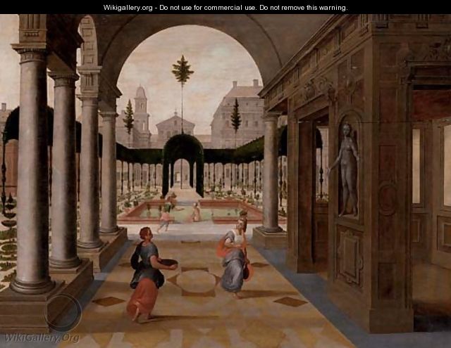 A capriccio of a palace courtyard with figures in the foreground and others bathing in an ornamental garden beyond - (after) Paul Vredeman De Vries