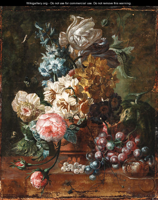 Roses, tulips, a hyacinth and other flowers in a terracotta vase with a melon, grapes and plums on a marble ledge - (after) Paul Theodor Van Brussel