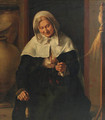 An old lady carding wool in an interior - (after) Louis Lenain